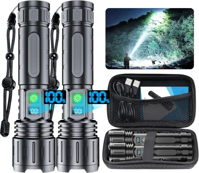 Flashlights 20000 High Lumens Rechargeable – 20H Runtime 1500 Meters Long Beam Super Bright LED Flash Light with Power Display & IPX5 Waterproof for Camping, 5 Modes, Zoomable Handheld Flashlight,2pcs