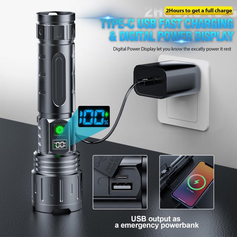 Flashlights 20000 High Lumens Rechargeable – 20H Runtime 1500 Meters Long Beam Super Bright LED Flash Light with Power Display & IPX5 Waterproof for Camping, 5 Modes, Zoomable Handheld Flashlight,2pcs