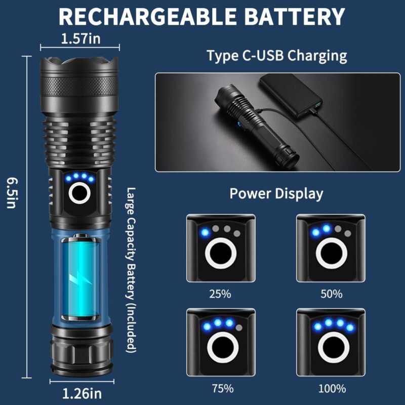 Flashlights High Lumens Rechargeable, 2Pack Rechargeable Flashlights, 990000lm Super Bright Flashlight, 5Mode Tactical Flashlights High Lumens, LED Flashlight High Powered, Waterproof Flash Light LED