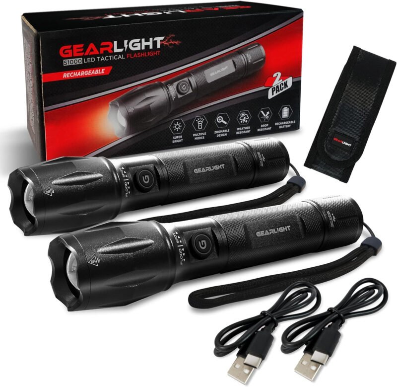 GearLight S1000 Rechargeable LED Tactical Flashlight – 2 Pack, High Lumens, USB-C Fast Charging, Dual-Button, IPX4 Water-Resistant, Pocket-Sized for Camping & Emergencies, with Batteries & Accessories