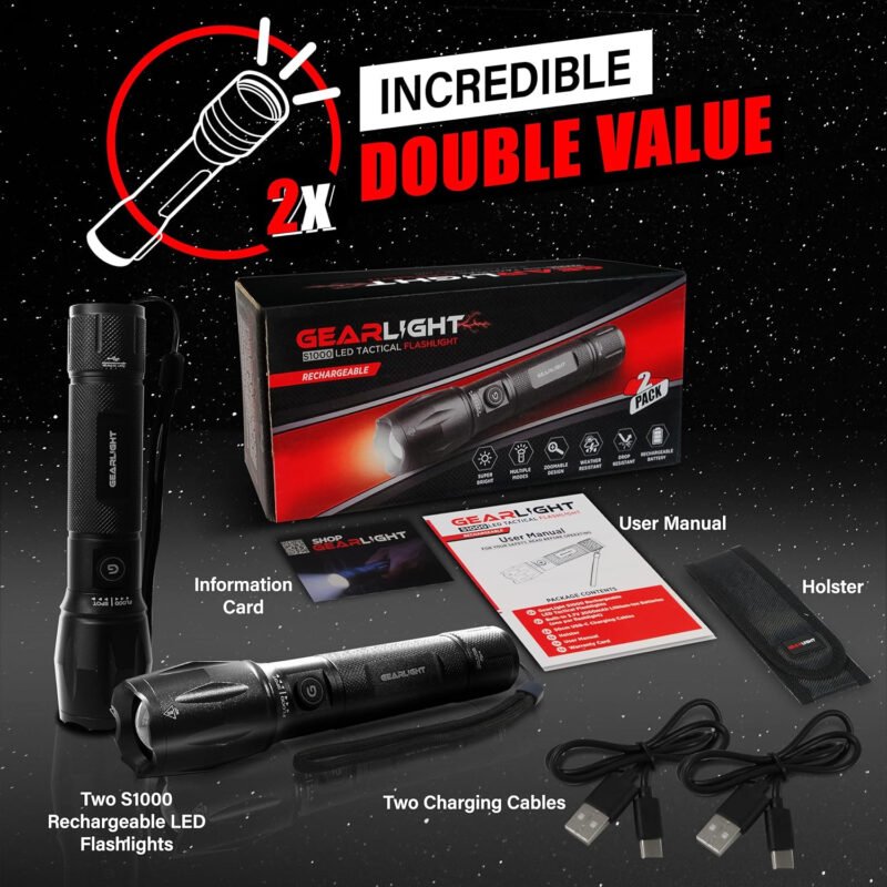 GearLight S1000 Rechargeable LED Tactical Flashlight – 2 Pack, High Lumens, USB-C Fast Charging, Dual-Button, IPX4 Water-Resistant, Pocket-Sized for Camping & Emergencies, with Batteries & Accessories