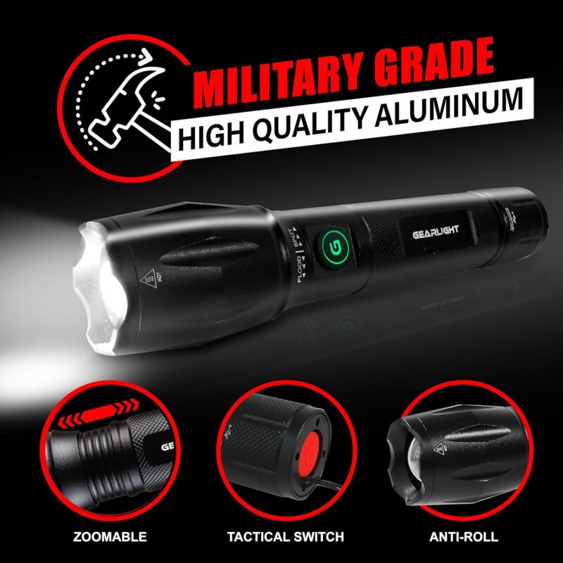 GearLight S1000 Rechargeable LED Tactical Flashlight – 2 Pack, High Lumens, USB-C Fast Charging, Dual-Button, IPX4 Water-Resistant, Pocket-Sized for Camping & Emergencies, with Batteries & Accessories