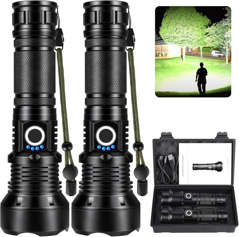 KINGCAESAR Flashlights High Lumens Rechargeable, 2 Pack 990000 Lumens Super Bright Flashlight, 5 Modes LED Flashlight, IPX7 Waterproof Powerful Flash Light for Home, Outdoor Activities