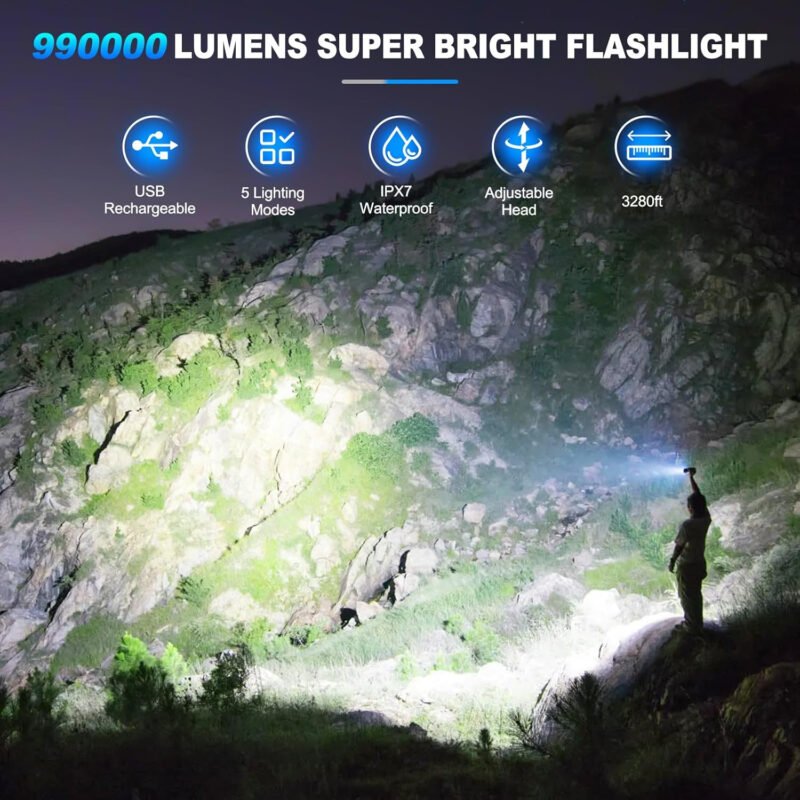 KINGCAESAR Flashlights High Lumens Rechargeable, 2 Pack 990000 Lumens Super Bright Flashlight, 5 Modes LED Flashlight, IPX7 Waterproof Powerful Flash Light for Home, Outdoor Activities