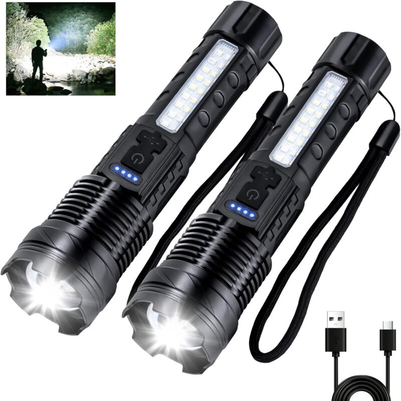 Flashlight High Lumens Rechargeable 2 Packs, 1,000,000 Lumens Super Bright LED Battery Powerful Handheld Flashlights with 7 Modes, COB Side Light, USB C, Zoomable, Waterproof for Emergencies
