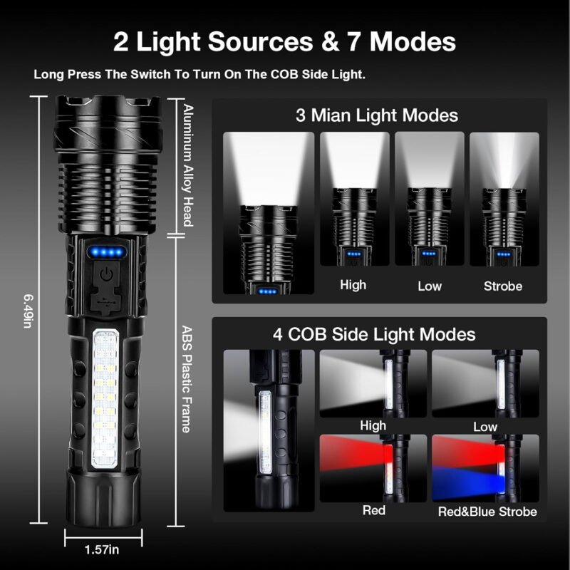Flashlight High Lumens Rechargeable 2 Packs, 1,000,000 Lumens Super Bright LED Battery Powerful Handheld Flashlights with 7 Modes, COB Side Light, USB C, Zoomable, Waterproof for Emergencies