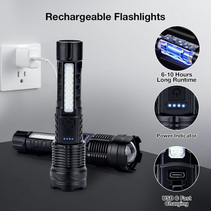 Flashlight High Lumens Rechargeable 2 Packs, 1,000,000 Lumens Super Bright LED Battery Powerful Handheld Flashlights with 7 Modes, COB Side Light, USB C, Zoomable, Waterproof for Emergencies