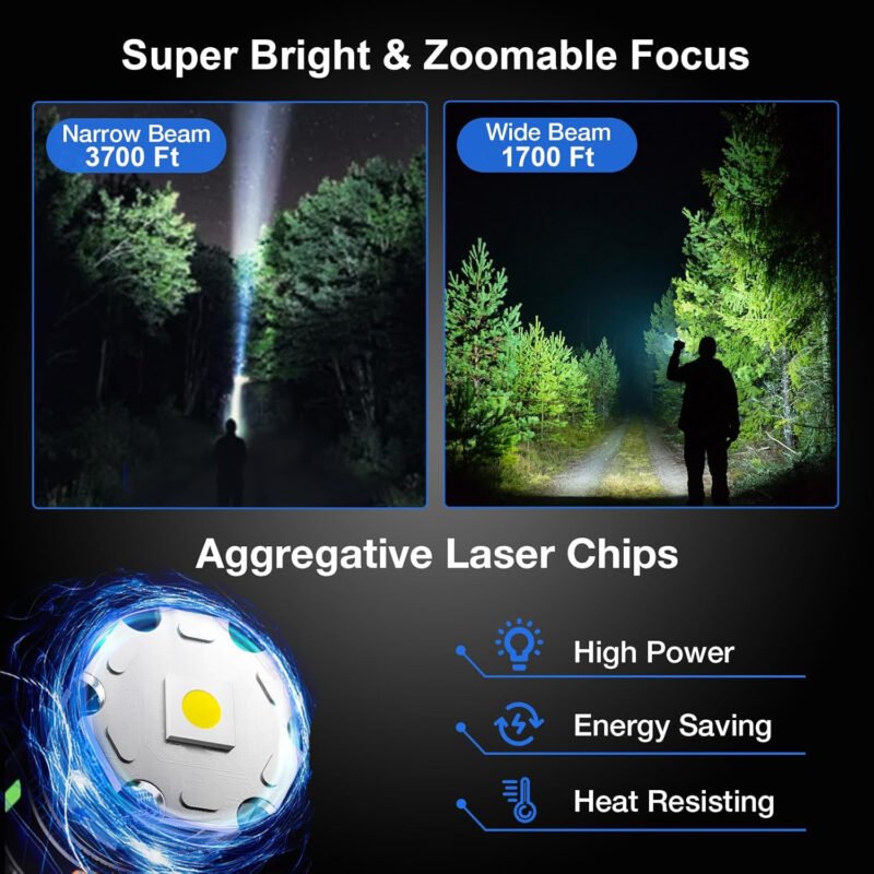 Flashlights High Lumens Rechargeable 2 Packs, 990,000 Lumens LED Battery Powered Tactical Handheld Flashlight with 5 Modes, Cob Side Light, USB C, Zoomable, Waterproof for Outdoor Emergencies