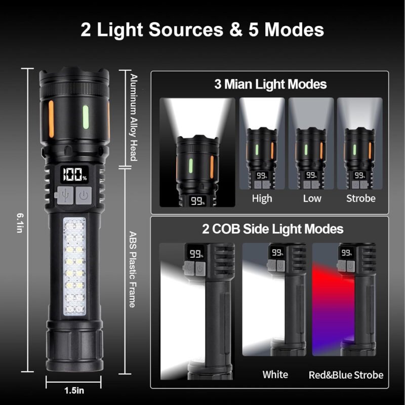 Flashlights High Lumens Rechargeable 2 Packs, 990,000 Lumens LED Battery Powered Tactical Handheld Flashlight with 5 Modes, Cob Side Light, USB C, Zoomable, Waterproof for Outdoor Emergencies