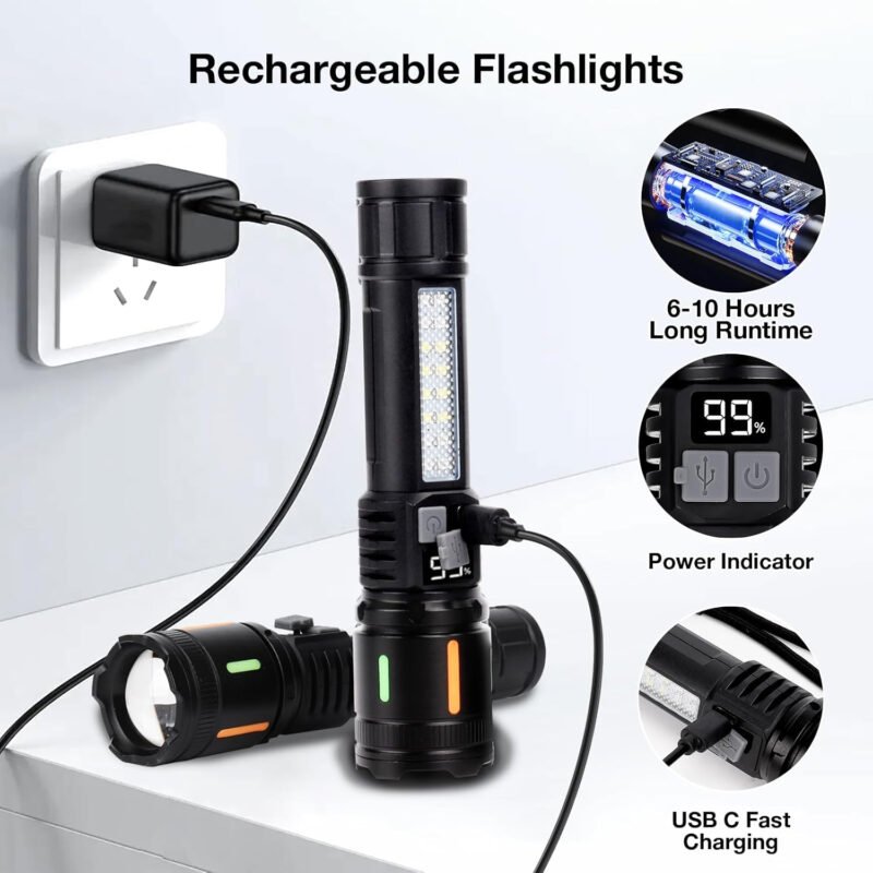 Flashlights High Lumens Rechargeable 2 Packs, 990,000 Lumens LED Battery Powered Tactical Handheld Flashlight with 5 Modes, Cob Side Light, USB C, Zoomable, Waterproof for Outdoor Emergencies