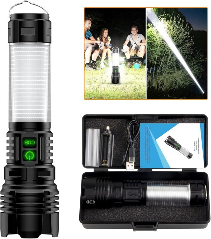 LED Rechargeable Flashlight 100000 High Lumens with Camping Lanterns – 2000 Meters Long Beam Super Bright LED Flashlight, Waterproof Camping Tent Lights 5 Modes, Zoomable Camping Flashlight Lantern