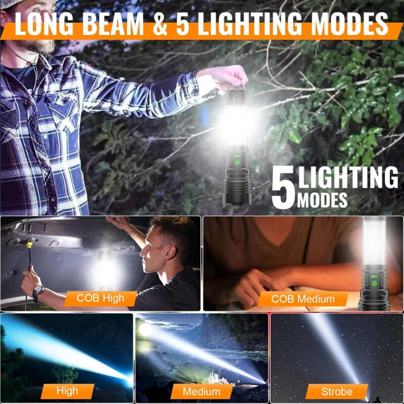 LED Rechargeable Flashlight 100000 High Lumens with Camping Lanterns – 2000 Meters Long Beam Super Bright LED Flashlight, Waterproof Camping Tent Lights 5 Modes, Zoomable Camping Flashlight Lantern