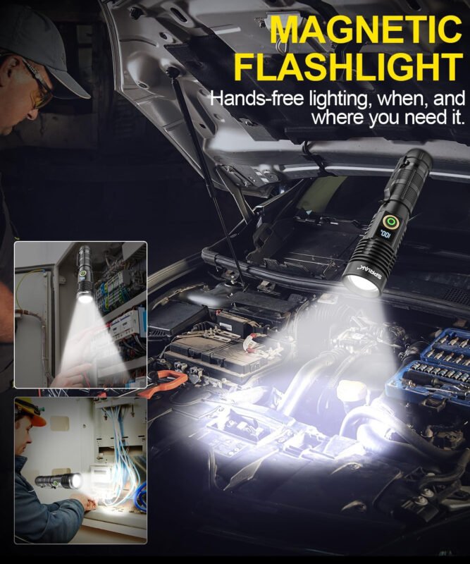 Rechargeable Flashlight High Lumens-12000LM Super Bright Magnetic Flash Light with Power Digital Display,3280Ft Long Range,Dimmable,Waterproof,Pocket Tactical LED Flashlights for Emergency Camping 2PC