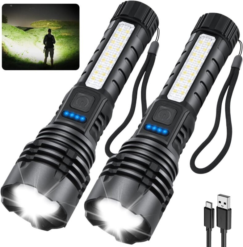 Rechargeable Flashlights High Lumens 990000, 7Mode Flashlights Rechargeable, Super Bright Flashlight, Adjustable Tactical Flashlight, High Powered Flash Light, LED Flashlight for Emergency Home 2Pack