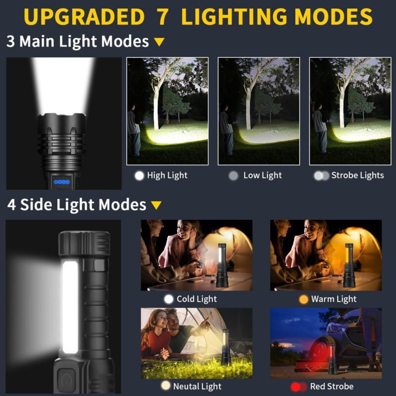 Rechargeable Flashlights High Lumens 990000, 7Mode Flashlights Rechargeable, Super Bright Flashlight, Adjustable Tactical Flashlight, High Powered Flash Light, LED Flashlight for Emergency Home 2Pack