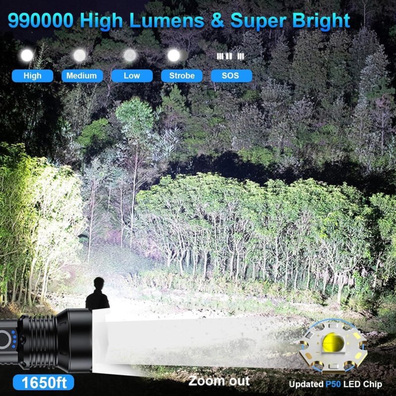 Rechargeable Flashlights 990,000 High Lumens – 2 Pack, Super Bright 12 Hours Long Life LED Flashlight with 5 Modes, High Powered Flash Light for Home, Outdoor