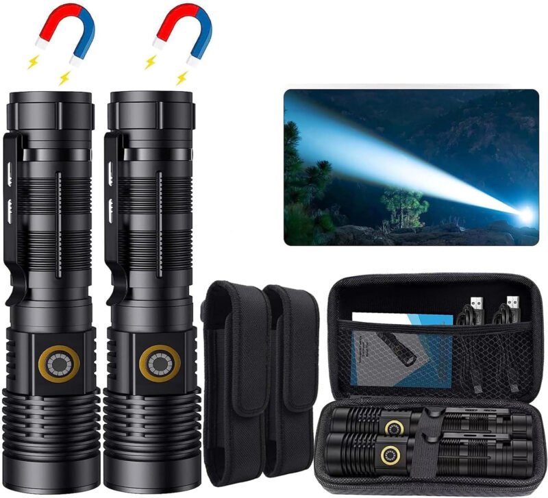 Rechargeable Magnetic Flashlight 20000 High Lumens – 1500 Meters Long Beam Super Bright LED Tactical Flashlight with Holster USB Zoomable 5Modes Small Long Beam Spotlight Flashlight for Camping