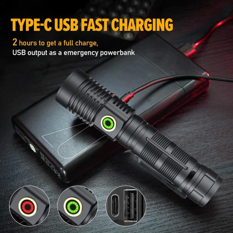 Rechargeable Magnetic Flashlight 20000 High Lumens – 1500 Meters Long Beam Super Bright LED Tactical Flashlight with Holster USB Zoomable 5Modes Small Long Beam Spotlight Flashlight for Camping