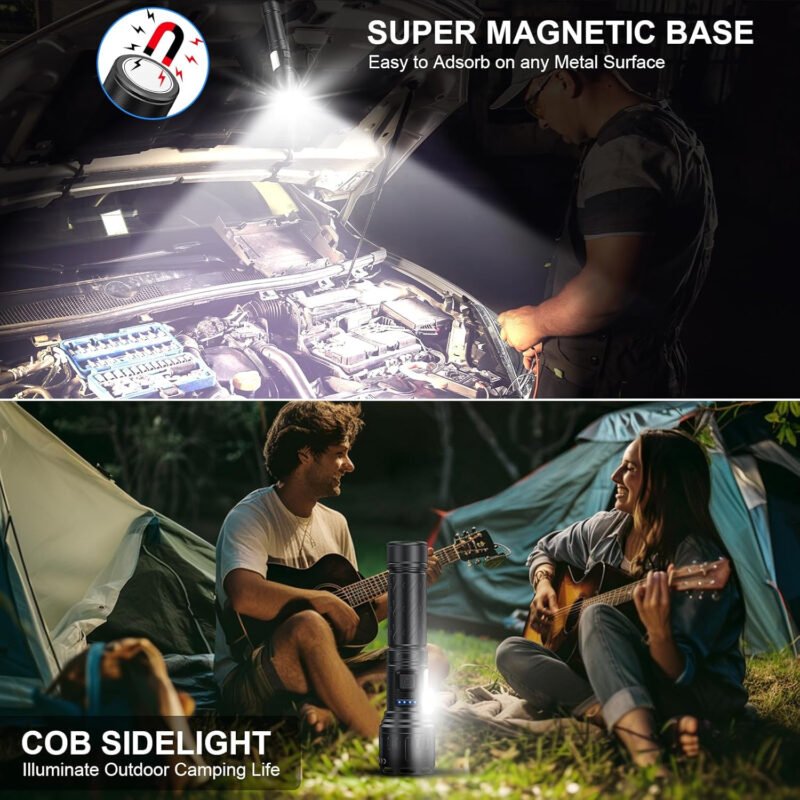 Rechargeable Magnetic Flashlights 100,000 High Lumens, Super Bright LED Powerful Flashlight 8 Modes with COB Work Light, Waterproof Handheld Flash Light for Camping (2 Pack with Leather Box, Black)