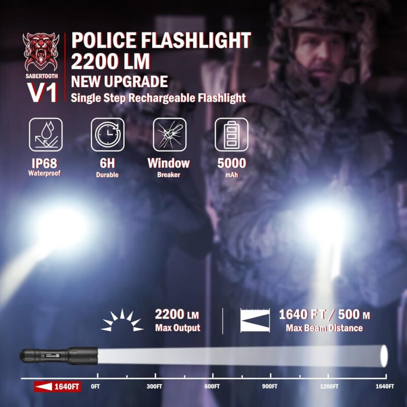 SABERTOOTH Police Tactical Flashlight-2200 High Lumen Duty Belt Flashlight for Law Enforcement Defense Single Mode Flashlight with Holster Tactical Gear Safety Accessories(Black)