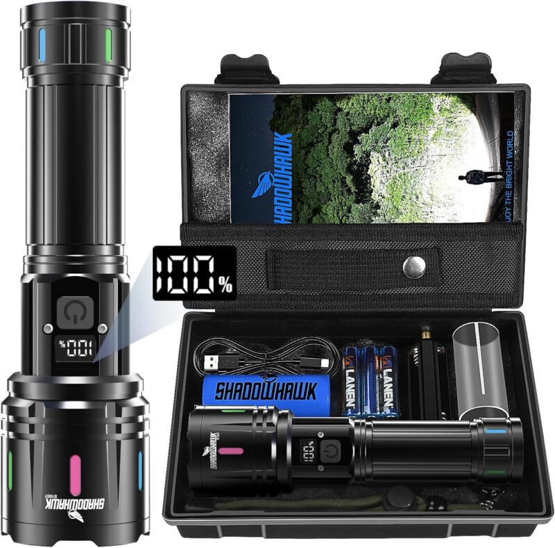 Shadowhawk Flashlights High Lumens Rechargeable, 1000000 Lumens XHM90.2 Super Bright Flash Light LCD Digital Display LED Flashlight, Handheld High Powered Waterproof Flashlight for Camping Emergencies