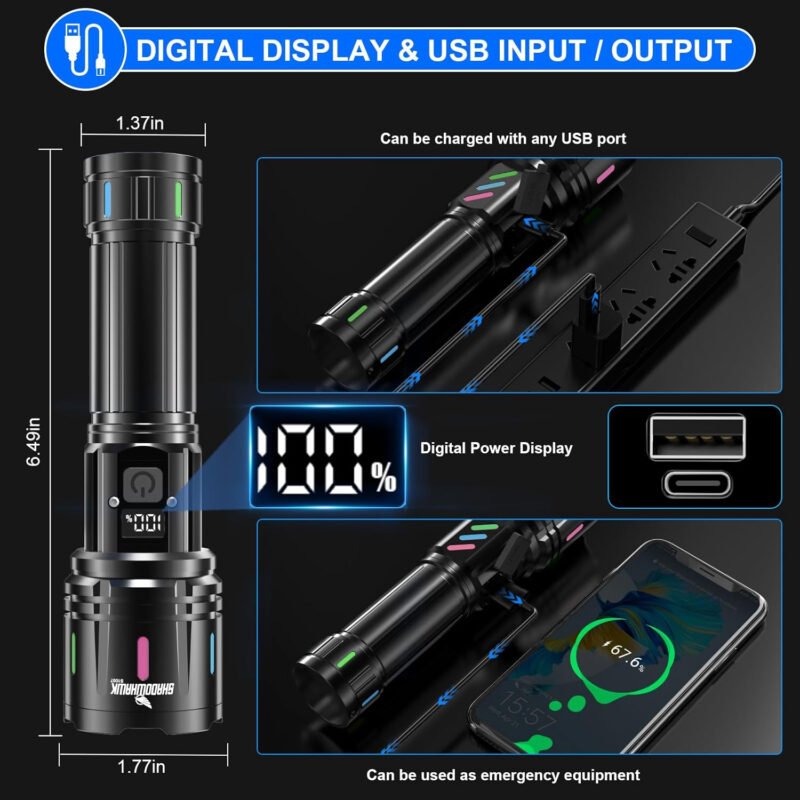 Shadowhawk Flashlights High Lumens Rechargeable, 1000000 Lumens XHM90.2 Super Bright Flash Light LCD Digital Display LED Flashlight, Handheld High Powered Waterproof Flashlight for Camping Emergencies