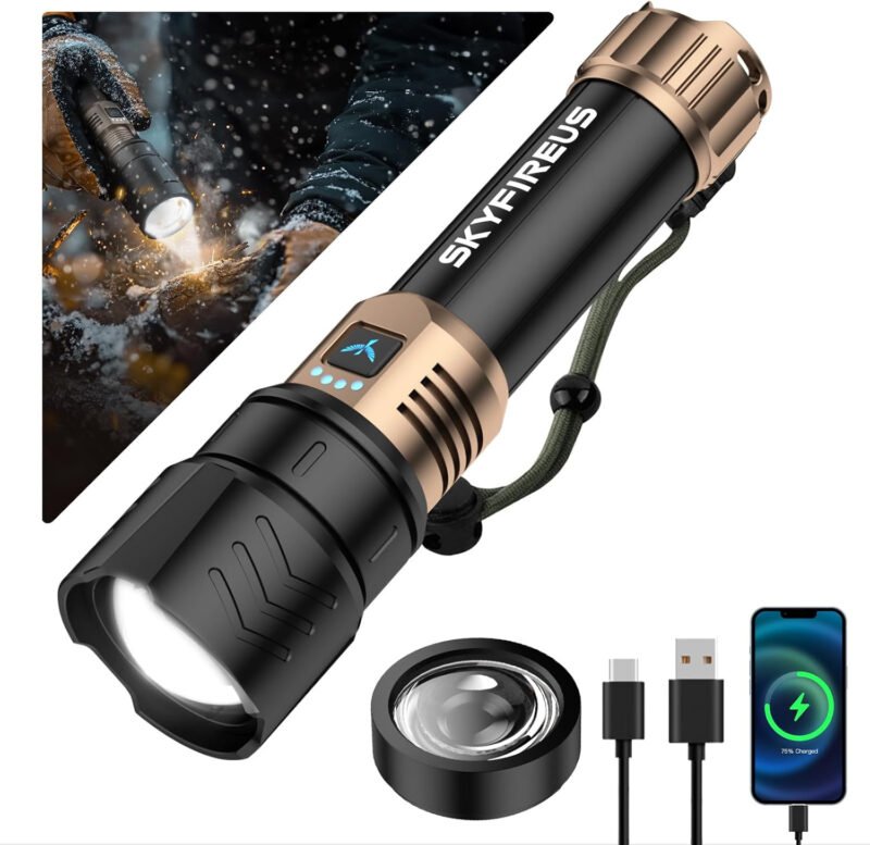 SKYFIRE LED Flashlight 10000 High Lumens,Super Bright Rechargeable Flashlight with Ignition Lens, Zoomable,Four Modes,Waterproof Flash Light for Camping Essentials,Outdoor and Home(Black&Gold)