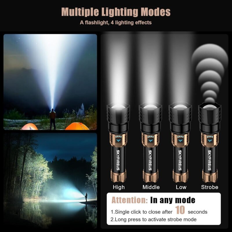 SKYFIRE LED Flashlight 10000 High Lumens,Super Bright Rechargeable Flashlight with Ignition Lens, Zoomable,Four Modes,Waterproof Flash Light for Camping Essentials,Outdoor and Home(Black&Gold)