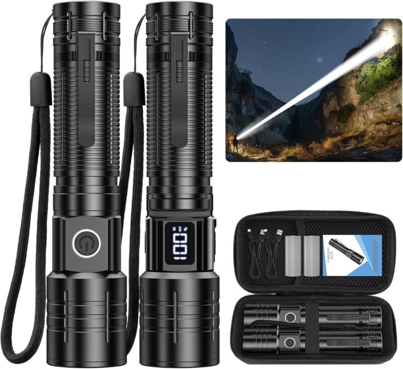 Tactical High Lumens Flashlights, LED Rechargeable 20000LM Super Bright Flash Light with Power Display Waterproof Small Flashlights for Camping Emergencies, 6Modes Zoomable Pocket
