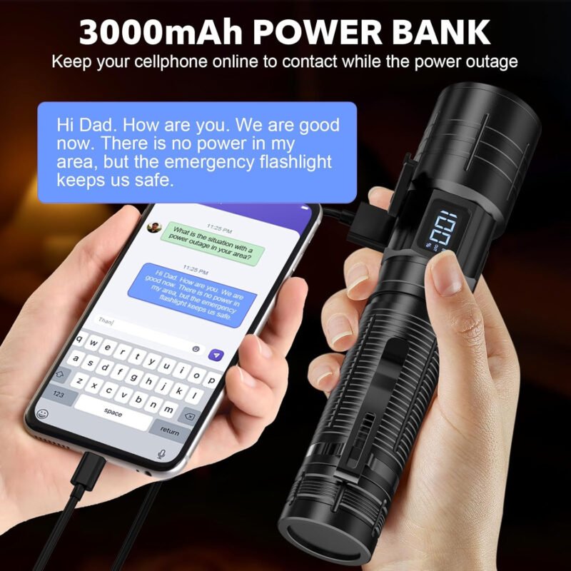 Tactical High Lumens Flashlights, LED Rechargeable 20000LM Super Bright Flash Light with Power Display Waterproof Small Flashlights for Camping Emergencies, 6Modes Zoomable Pocket