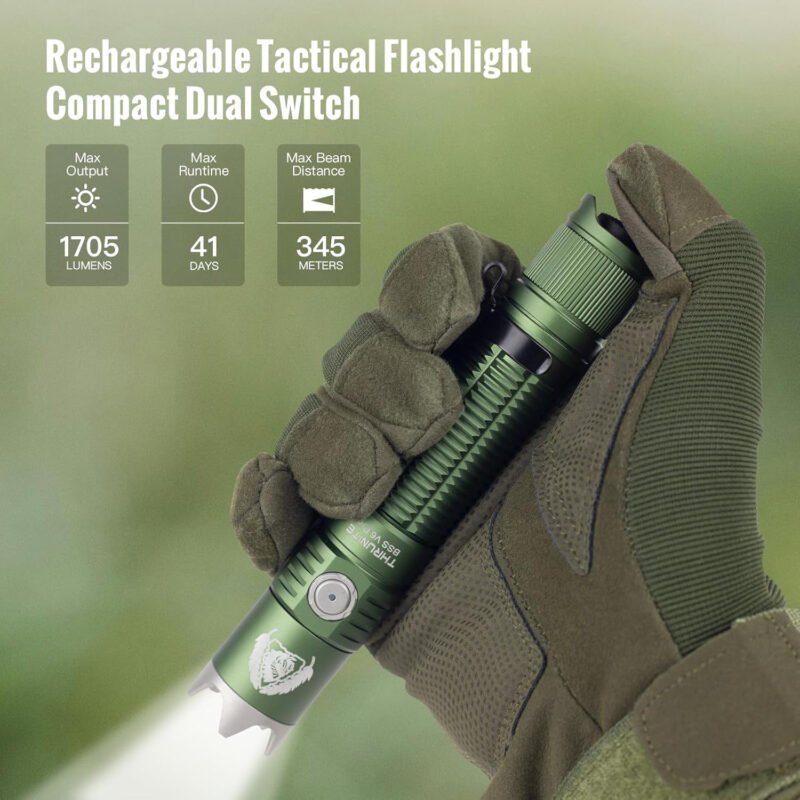 ThruNite BSS V6 Pro Tactical Flashlight, USB-C Rechargeable LED Flashlight, High 1705 Lumens, 6 Light Modes, Dual Switches Bright Flashlights, Dark Green – CW