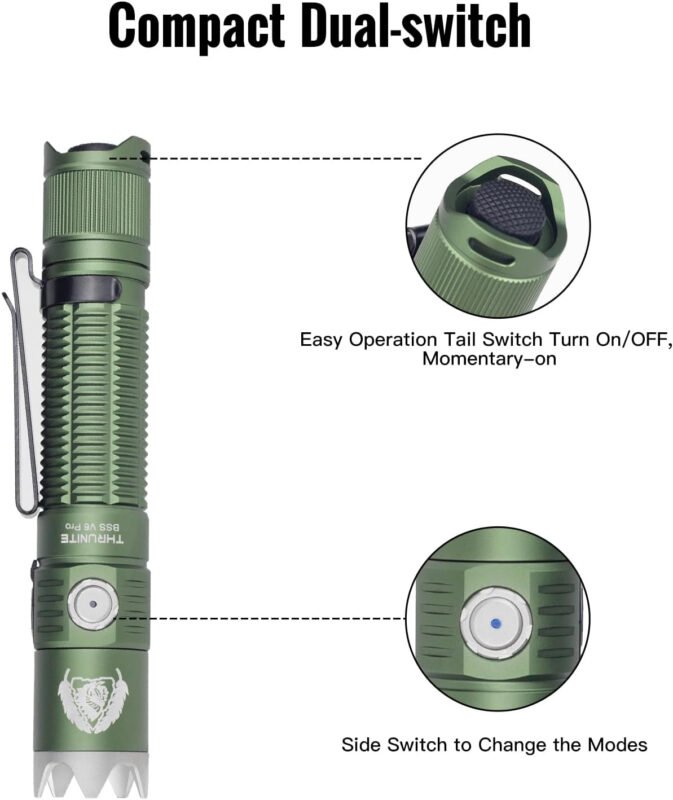 ThruNite BSS V6 Pro Tactical Flashlight, USB-C Rechargeable LED Flashlight, High 1705 Lumens, 6 Light Modes, Dual Switches Bright Flashlights, Dark Green – CW