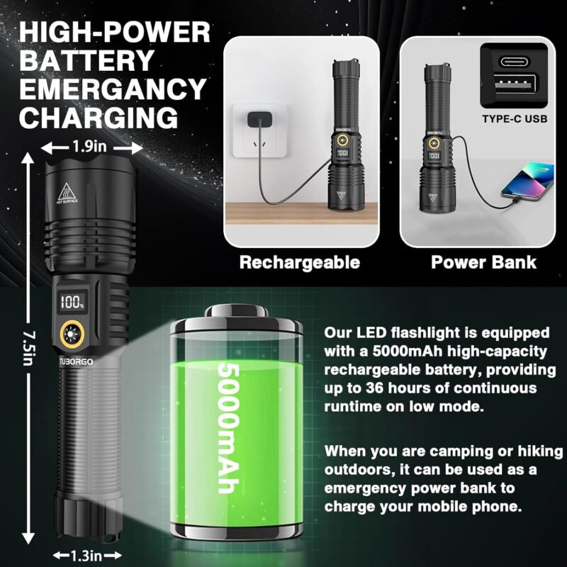 Rechargeable Flashlights High lumens, 900000LM Super Bright LED Tactical Flashlight, Zoomable, IPX6 Waterproof, 6 Modes, Powerful Handheld Flash Light for Emergencies, Camping, Hiking