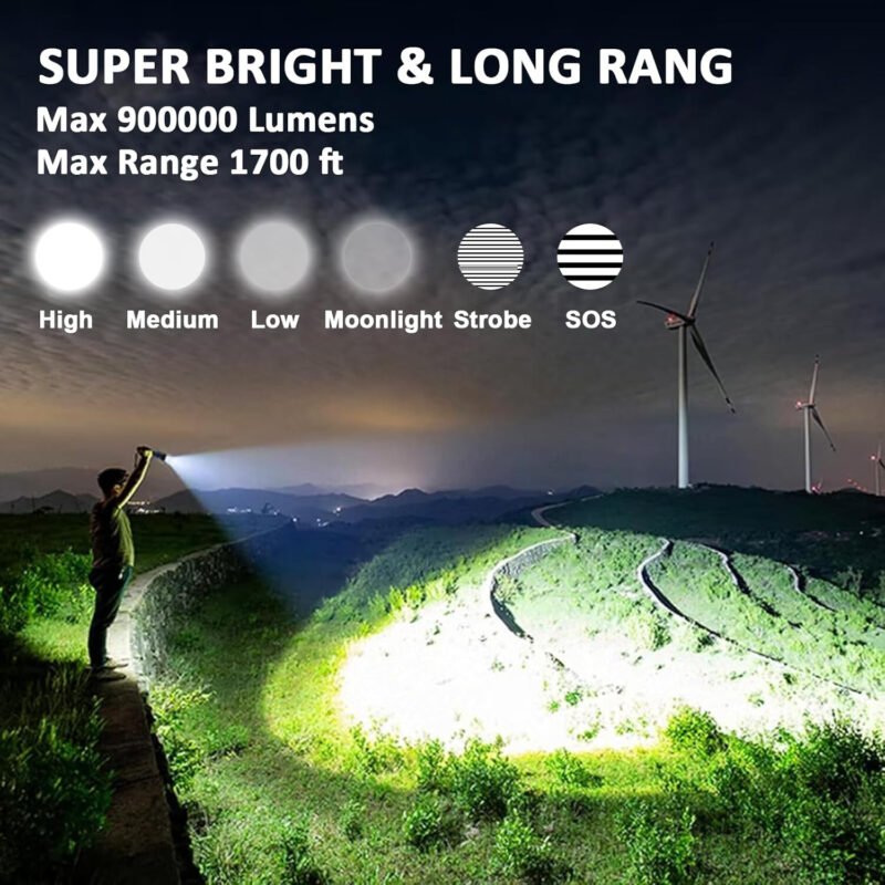 Rechargeable Flashlights High lumens, 900000LM Super Bright LED Tactical Flashlight, Zoomable, IPX6 Waterproof, 6 Modes, Powerful Handheld Flash Light for Emergencies, Camping, Hiking