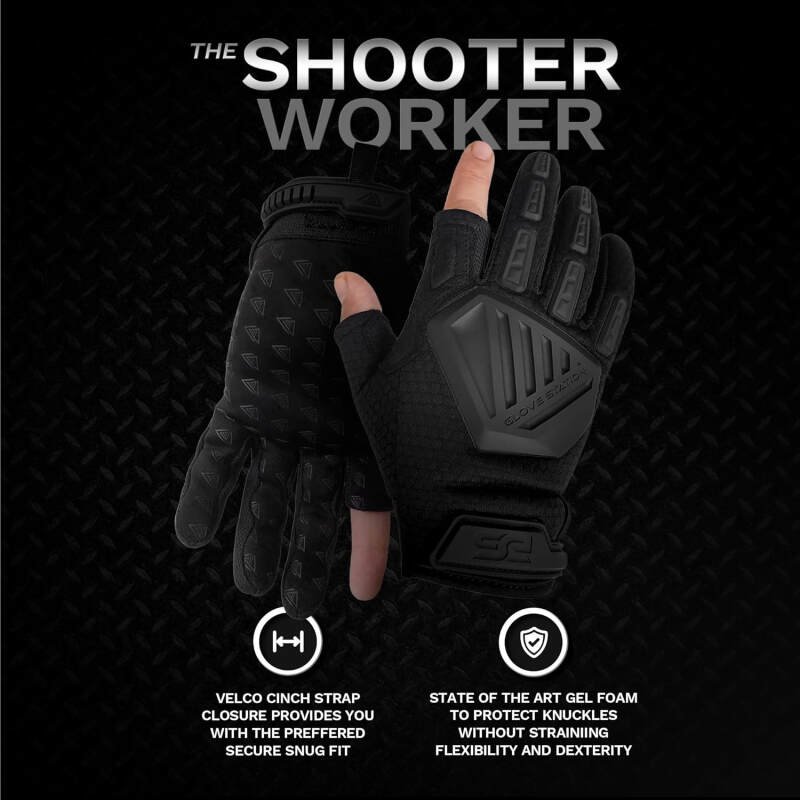 Glove Station The Shooter Work Tactical Gloves – Black (Medium), Suede Leather Palm, Knuckle Protection for Men, 2 Fingerless Design