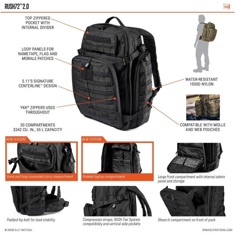 5.11 Tactical Backpack‚ Rush 72 2.0‚ Military Molle Pack, CCW with Multiple Compartments, 55 Liter, Large, Style 56565‚ Ranger Green