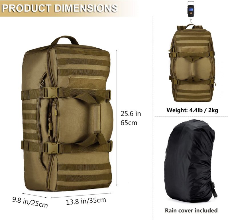 ArcEnCiel60L Outdoor Tactical Duffel Backpack Military Waterproof Suitcase Sport Luggage Hiking Camping Bag（Rain Cover+Patch）