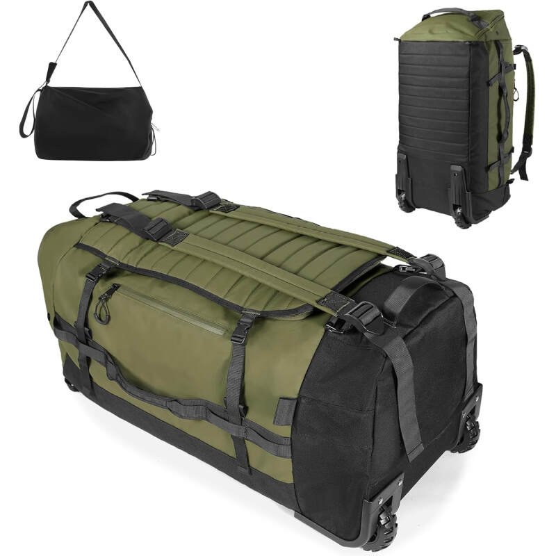 86L 30” Folding Duffle Backpack with 2 Wheels,Travel Bag with Separate Shoe Compartment,Army Green