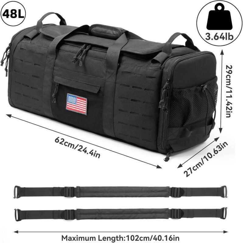 48L Military Duffle Bag with Separate Shoe Compartment,Tactical Gear Backpack Molle System,Black