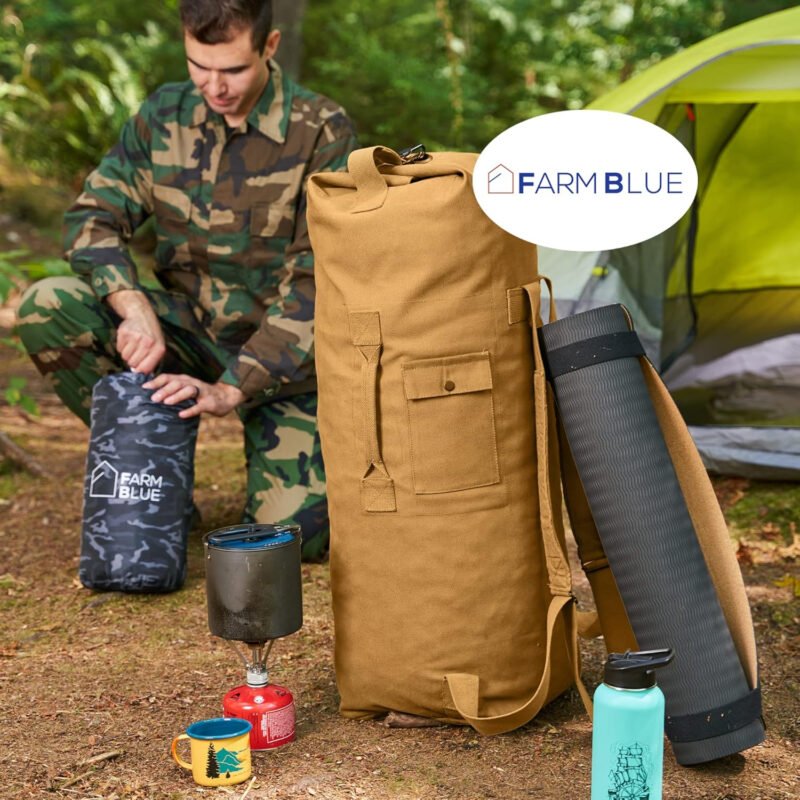 Farm Blue 2 Strap Top Load Extra Large XL Military Duffel Bags – Heavy Duty Army Grade Cotton Canvas Duffle Bags For Men, Women & Students – XL Top Loading Tactical Gear Sack –22″ x 38″ Coyote Tan