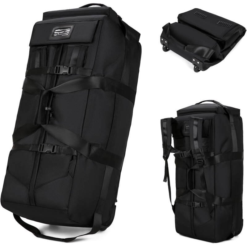 90L Large Rolling Duffle Bag With Wheels, Travel Tactical Backpack For Men 2 in 1, Expandable Travel Bag, Waterproof Large Gym Bag, Travel Backpack For Men Women, Hiden Backpack Straps (Black)