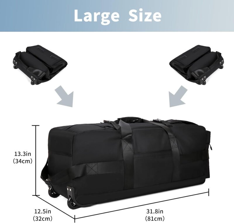 90L Large Rolling Duffle Bag With Wheels, Travel Tactical Backpack For Men 2 in 1, Expandable Travel Bag, Waterproof Large Gym Bag, Travel Backpack For Men Women, Hiden Backpack Straps (Black)