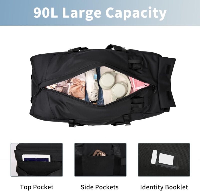 90L Large Rolling Duffle Bag With Wheels, Travel Tactical Backpack For Men 2 in 1, Expandable Travel Bag, Waterproof Large Gym Bag, Travel Backpack For Men Women, Hiden Backpack Straps (Black)