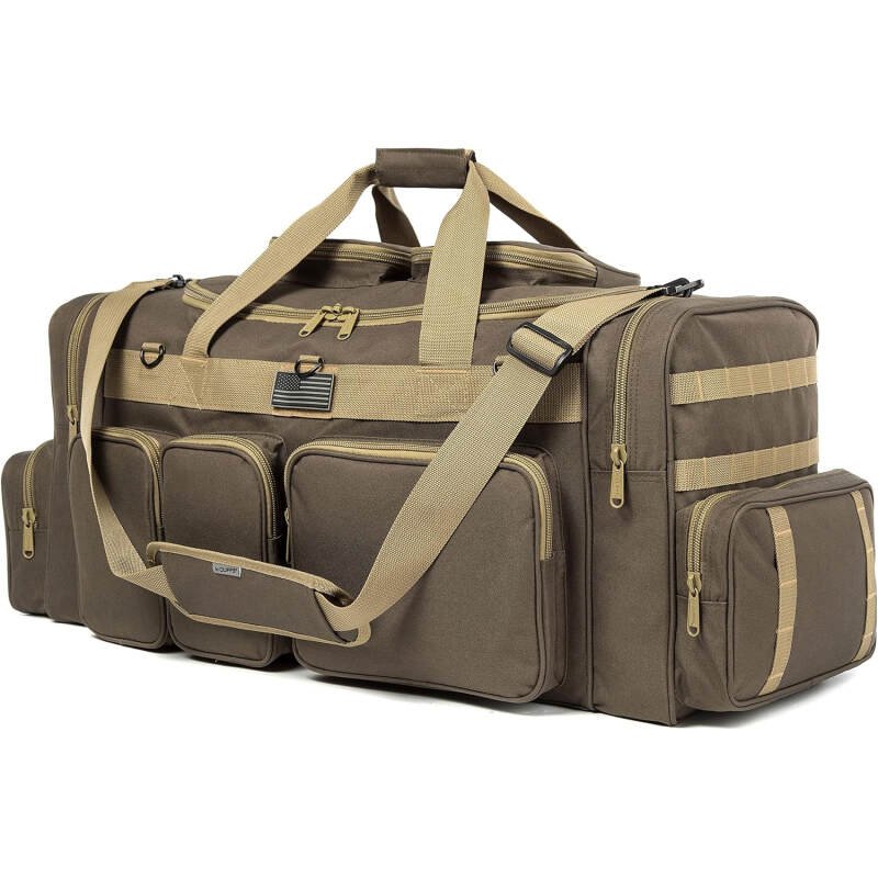 K-Cliffs Tactical Range Duffel Heavy Duty Large Gear Duffle Durable Quality Travel Sports Gym Equipment Bag Military Molle with Lockable Zippers with US Flag Patch 33 Inch Khaki