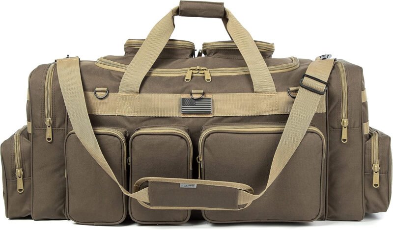 K-Cliffs Tactical Range Duffel Heavy Duty Large Gear Duffle Durable Quality Travel Sports Gym Equipment Bag Military Molle with Lockable Zippers with US Flag Patch 33 Inch Khaki