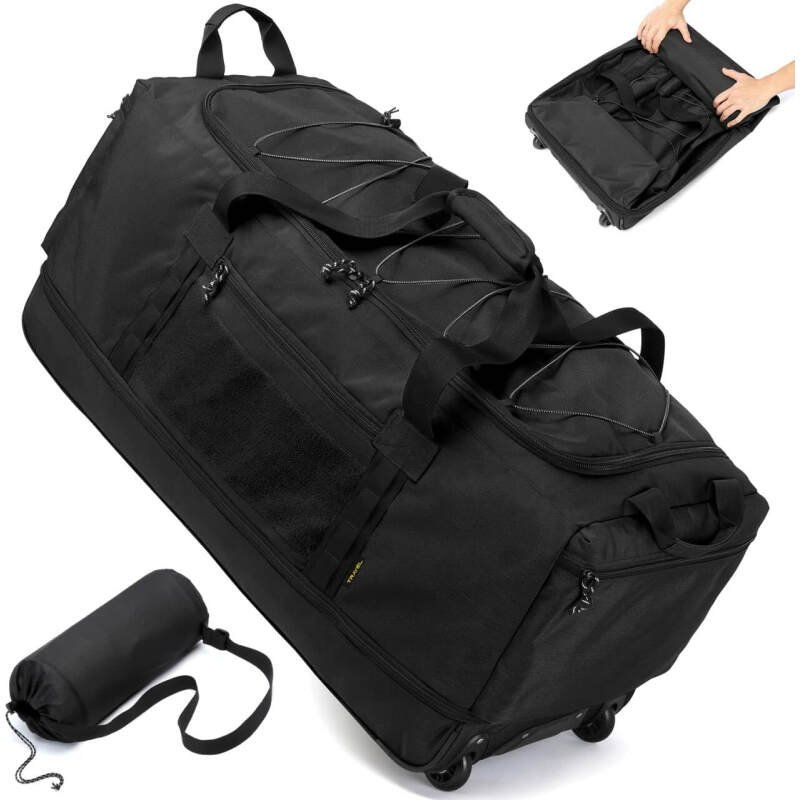 Laripwit Collapsible Duffle Bag with Wheels 130-170L Extra Large Expandable Travel Duffel Bag for Men Women Heavy Duty Military Duffle Bag for Camping Rolling Foldable Carry On Luggage, Black