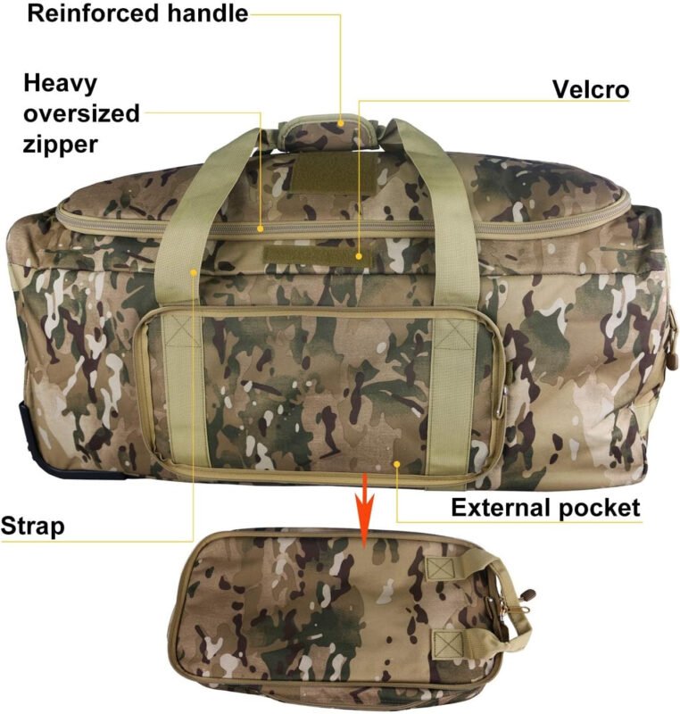 Military Wheeled Deployment Bag Large Tactical Heavy Duty Duffel Bag for Camping Hiking (Camo)