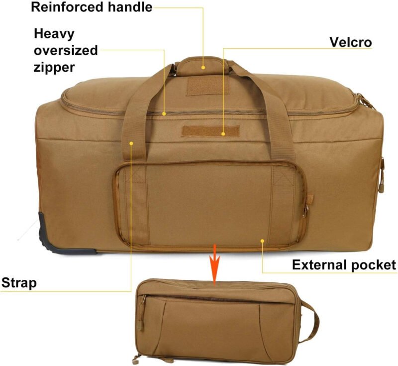 Military Wheeled Deployment Bag Tactical Heavy Duty Duffel Bag for Hiking Camping (Tan)