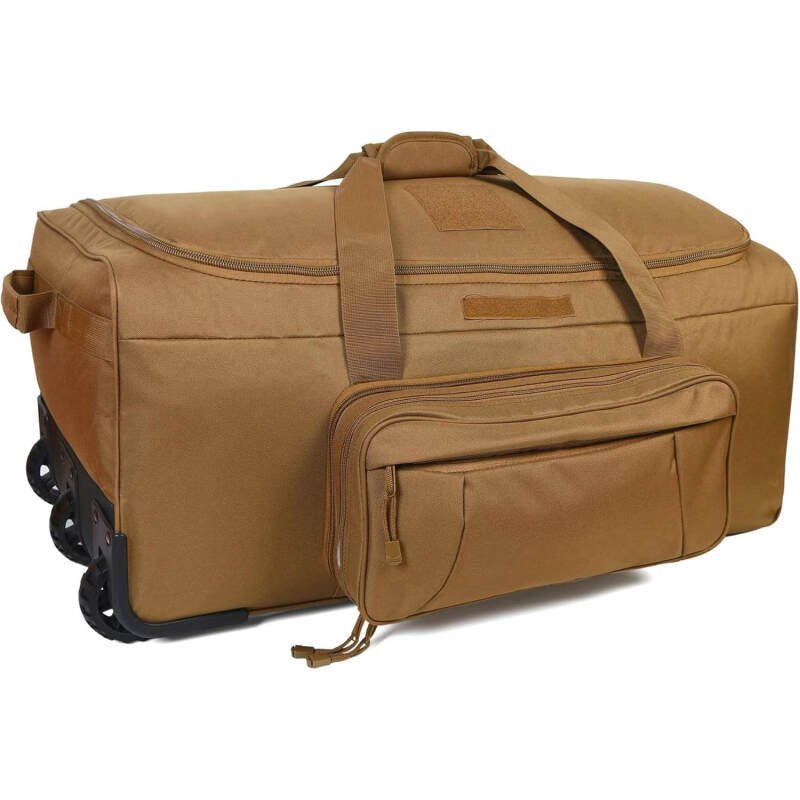 Military Wheeled Deployment Bag Tactical Heavy Duty Duffel Bag for Hiking Camping (Tan)