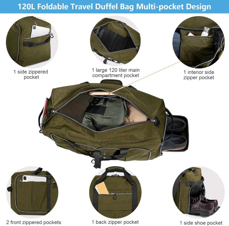 120L Foldable Nylon Duffle Bag, Waterproof Extra Large Travel Bag with Thicken Bottom, Army Green